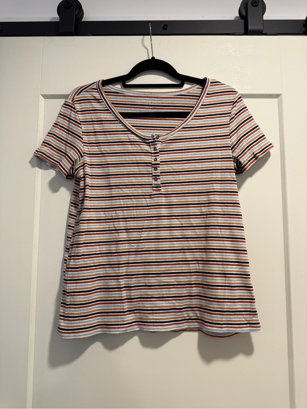 American Eagle Outfitters Striped Henley Tee in White, Rust, Navy, and Tan